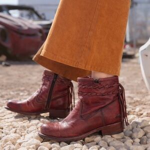 BED|STU Craven Distressed Leather Fringe Ankle Boots in Burgandy Red Size 8.5